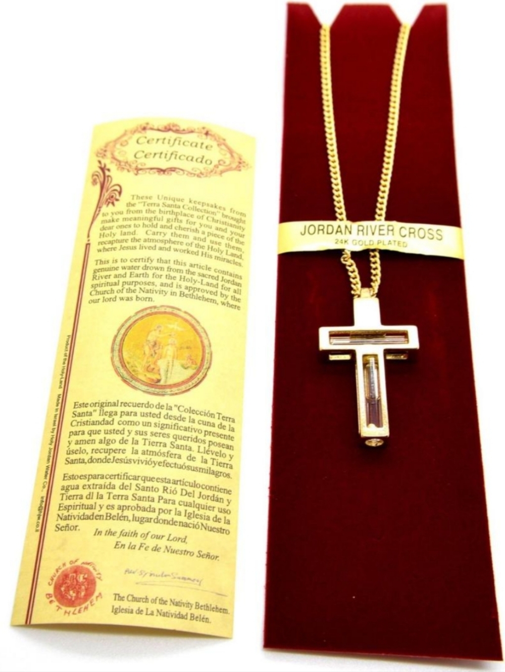 Jordan River Cross Pendant Necklace 24k Gold Plated  Jerusalem Israel Holy Land
